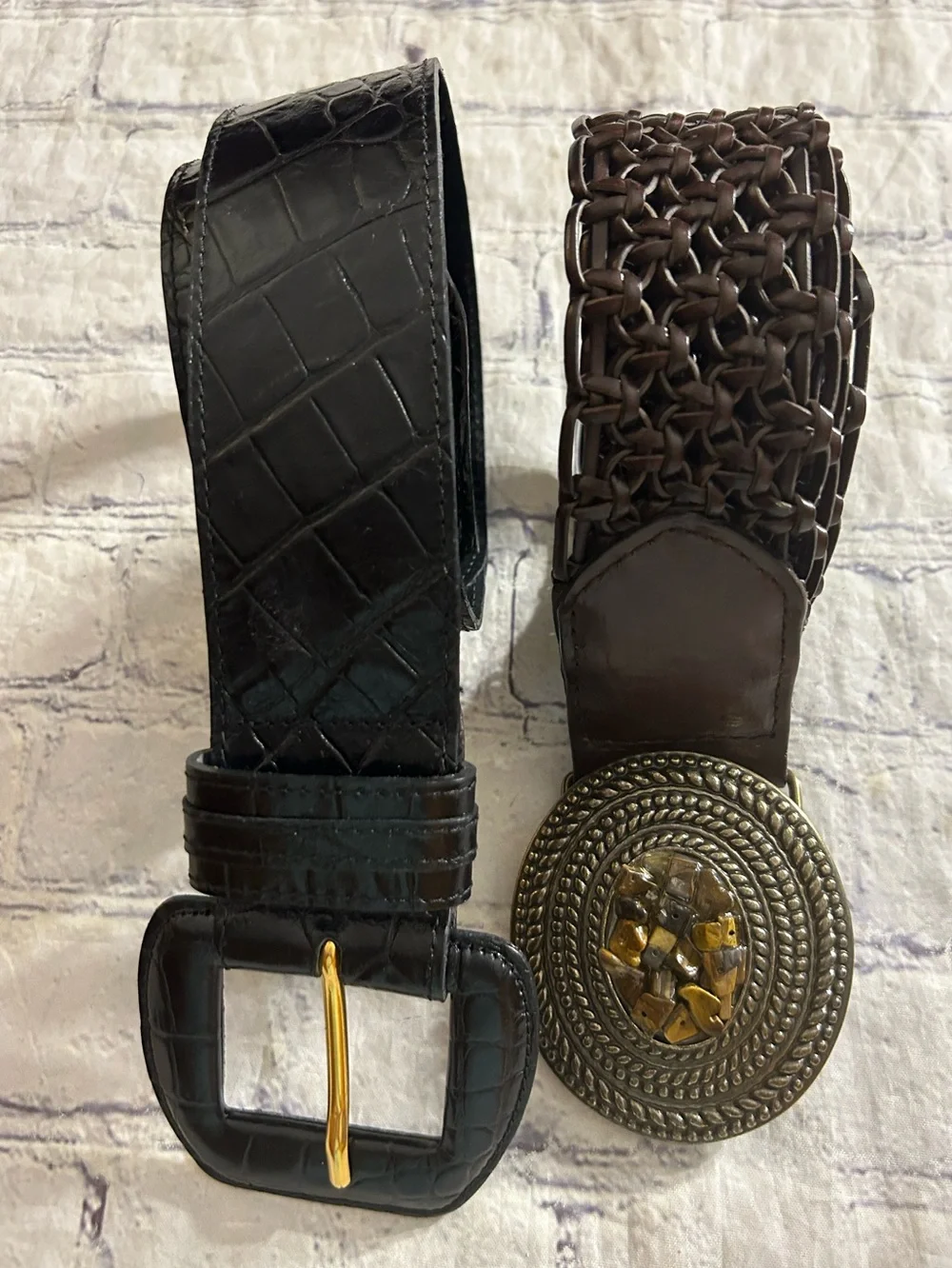 PATRICIA GREEN BLACK WIDE CROC COVER BUCKLE & BROWN EMBELLISHED BUCKLE BOHO BELT
